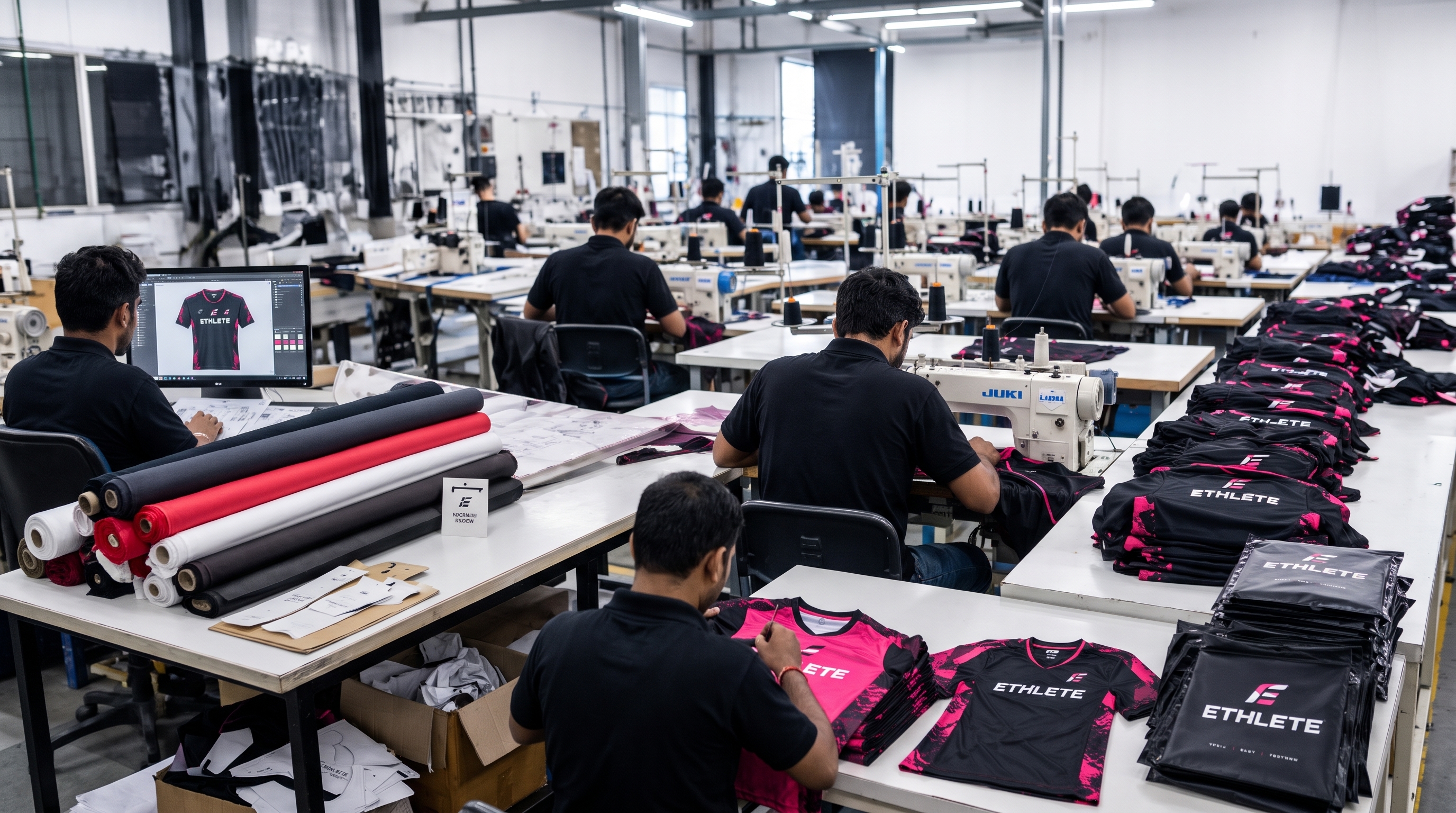 ETHLETE technical apparel production floor with digital pattern grading and custom teamwear assembly